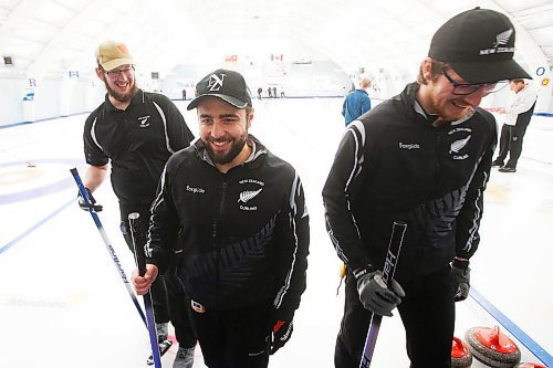 JOHN WOODS / WINNIPEG FREE PRESS
New Zealand curlers, from left, Garion Long, third, Brett Sargon, skip, and Benjamin Frew, second, leave the ice after winning a game  in the Manitoba Open Bonspiel  in Winnipeg Thursday, January 16, 2020. The curlers are spending the winter in Morris, Manitoba training with Lorne Hamblin.

Reporter: Taylor Allen