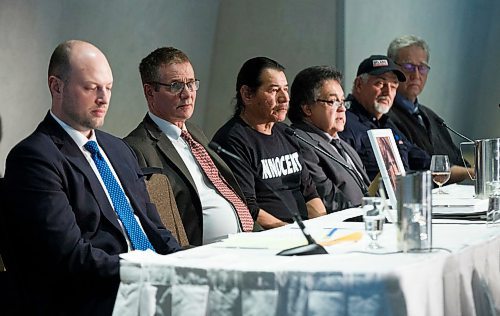 MIKE DEAL / WINNIPEG FREE PRESS
The panel of guests during a special one-day wrongful conviction conference being held at the Canadian Museum for Human Rights, (from left) Gavin Wolch, David Milgaard, Brian Anderson, Frank Ostrowski, James Driskell and Thomas Sophonow.
200117 - Friday, January 17, 2020.