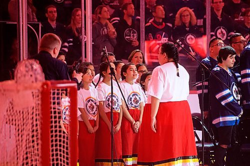 Mike Sudoma / Winnipeg Free Press
The Strong Warrior Girls Anishinaabe Singers open up Friday nights game as they sing Oh Canada in Ojibwa at a game for the first time at Bell MTS Place.
January 17, 2020