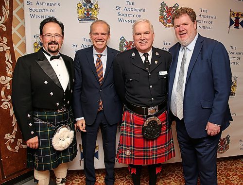 JASON HALSTEAD / WINNIPEG FREE PRESS

L-R: Scott Greenlay, Bob Cox (Free Press publisher), Peter Heavysege (board member, St. Andrew's Society) and Doug Speirs (Free Press columnist) at the 149th annual St. Andrew's Society of Winnipeg dinner at the Fort Garry Hotel on Nov. 29, 2019. (See Social Page)