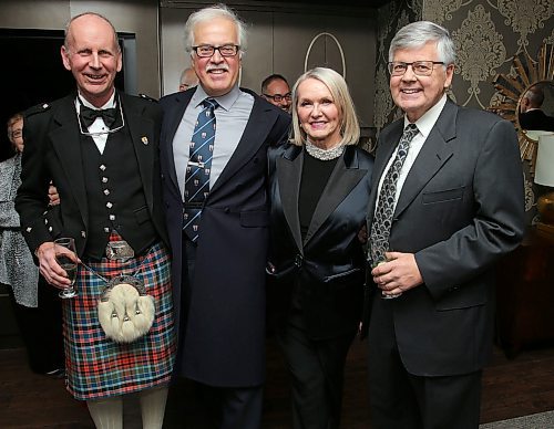 JASON HALSTEAD / WINNIPEG FREE PRESS

L-R: Rob Tisdale (past president, St. Andrew's Society), Ben Wasylyshen, Pam Simmons (secretary, St. Andrew's Society) and David Doer at the 149th annual St. Andrew's Society of Winnipeg dinner at the Fort Garry Hotel on Nov. 29, 2019. (See Social Page)
