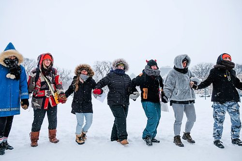 Daniel Crump / Winnipeg Free Press. Attendees take part in a round dance during the 2020 Womens March at the Manitoba Legislature. This years march is focused on the right to decide on one's own body. January 18, 2020.