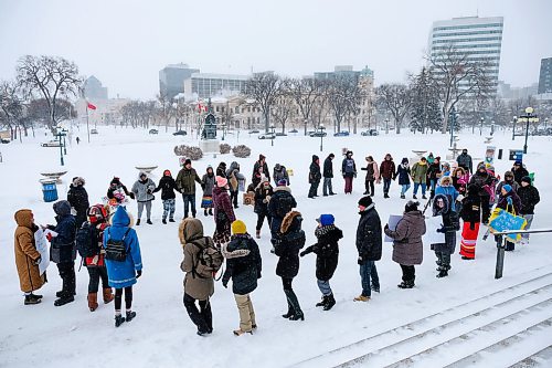 Daniel Crump / Winnipeg Free Press. Attendees take part in a round dance during the 2020 Womens March at the Manitoba Legislature. This years march is focused on the right to decide on one's own body. January 18, 2020.