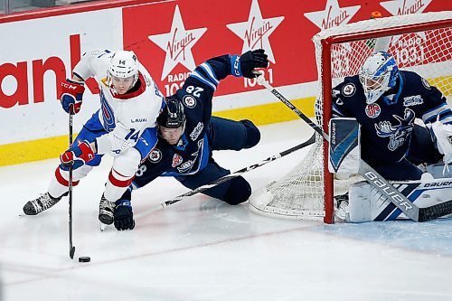 JOHN WOODS / WINNIPEG FREE PRESS
Manitoba Moose Hayden Shaw (28) cant hold back Laval Rocket Matthew Pece (14) during first period AHL action in Winnipeg on Sunday, January 19, 2020.

Reporter: ?