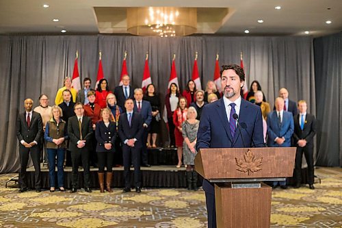 MIKAELA MACKENZIE / WINNIPEG FREE PRESS

Prime Minister Justin Trudeau speaks to the media with cabinet ministers behind him during the cabinet retreat at the Fairmont Hotel in Winnipeg on Tuesday, Jan. 21, 2020. For Dan Left/Larry Kusch story.
Winnipeg Free Press 2019.