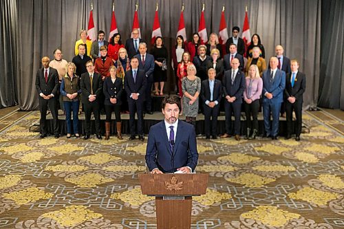 MIKAELA MACKENZIE / WINNIPEG FREE PRESS

Prime Minister Justin Trudeau speaks to the media with cabinet ministers behind him during the cabinet retreat at the Fairmont Hotel in Winnipeg on Tuesday, Jan. 21, 2020. For Dan Left/Larry Kusch story.
Winnipeg Free Press 2019.