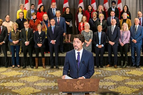 MIKAELA MACKENZIE / WINNIPEG FREE PRESS

Prime Minister Justin Trudeau speaks to the media with cabinet ministers behind him during the cabinet retreat at the Fairmont Hotel in Winnipeg on Tuesday, Jan. 21, 2020. For Dan Left/Larry Kusch story.
Winnipeg Free Press 2019.