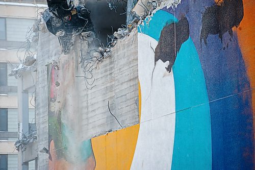 Mike Sudoma / Winnipeg Free Press
Rubble falls above the remnants of a mural done by artist, Mike Valcourt, as demolition of the Public Safety begins Tuesday afternoon
January 21, 2020