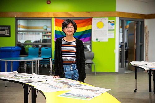 MIKAELA MACKENZIE / WINNIPEG FREE PRESS

Grade nine student Rory poses for a portrait with the Winnipeg Free Press, which is laid out in the common area every morning, at the Maples Met in Winnipeg on Friday, Jan. 24, 2020. For Melissa Martin story.
Winnipeg Free Press 2019.