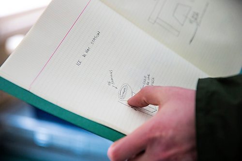 MIKAELA MACKENZIE / WINNIPEG FREE PRESS

Matt Schellenberg of Royal Canoe shows some of the concept sketches before the band rehearses with their ice instruments at The Forks in Winnipeg on Thursday, Jan. 23, 2020. For Erin Lebar story.
Winnipeg Free Press 2019.