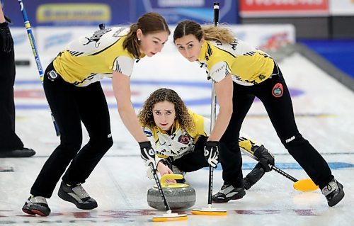 Team Manitoba's third Karlee Burgess and second Emily Zacharias sweep for skip Mackenzie Zacharias while playing against Team Alberta during the Canadian Junior Curling Championships in Langley, BC, Sunday, January 26, 2020. (TREVOR HAGAN / WINNIPEG FREE PRESS)