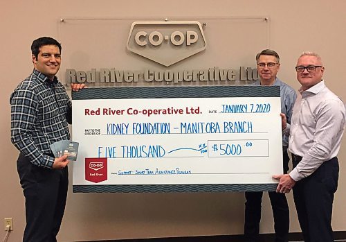 SUBMITTED PHOTO

From left, Armando Versace, director, programs, public policy and communications for the Kidney Foundation of Canada, Manitoba Branch, receives a donation of $5,000 in Red River Co-operative gift cards from Gordon Grainger, vice-president energy operations, Red River Co-op, and Doug Wiebe, CEO, Red River Co-op, on Jan. 7, 2020 at Red River Co-Operatives office. (See Social Page)