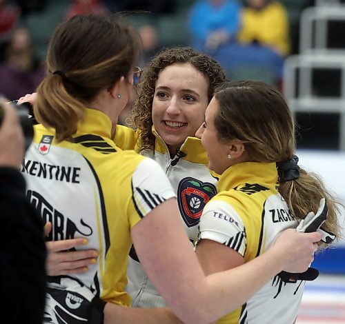 Team Manitoba's skip Mackenzie Zacharias, and her team, lead Lauren Lenentine third Karlee Burgess, second Emily Zacharias celebrate after defeating Team Alberta in the final during the Canadian Junior Curling Championships in Langley, BC, Sunday, January 26, 2020. (TREVOR HAGAN / WINNIPEG FREE PRESS)