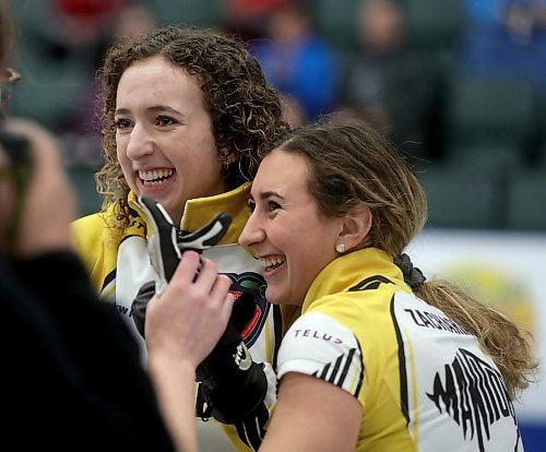 Team Manitoba's skip Mackenzie Zacharias and second Emily Zacharias celebrate after defeating Team Alberta in the final during the Canadian Junior Curling Championships in Langley, BC, Sunday, January 26, 2020. (TREVOR HAGAN / WINNIPEG FREE PRESS)