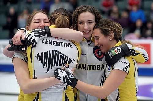Team Manitoba's third Karlee Burgess, lead Lauren Lenentine, skip Mackenzie Zacharias and second Emily Zacharias celebrate after defeating Team Alberta in the final during the Canadian Junior Curling Championships in Langley, BC, Sunday, January 26, 2020. (TREVOR HAGAN / WINNIPEG FREE PRESS)