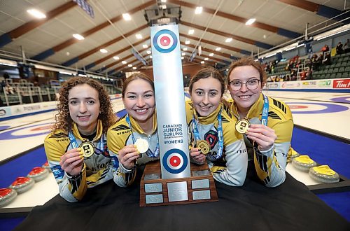 Team Manitoba's skip Mackenzie Zacharias, third Karlee Burgess, second Emily Zacharias and lead Lauren Lenentine celebrate after defeating Team Alberta in the final during the Canadian Junior Curling Championships in Langley, BC, Sunday, January 26, 2020. (TREVOR HAGAN / WINNIPEG FREE PRESS)