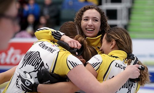 Team Manitoba's skip Mackenzie Zacharias, and her team, lead Lauren Lenentine, third Karlee Burgess and second Emily Zacharias celebrate after defeating Team Alberta in the final during the Canadian Junior Curling Championships in Langley, BC, Sunday, January 26, 2020. (TREVOR HAGAN / WINNIPEG FREE PRESS)