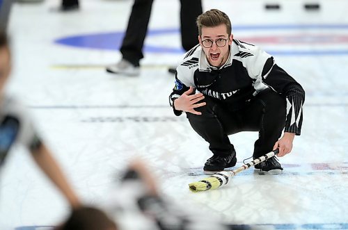 Team Manitoba's skip Jacques Gauthier instructing his sweepers while facing team Newfoundland in the final during the Canadian Junior Curling Championships in Langley, BC, Sunday, January 26, 2020. (TREVOR HAGAN / WINNIPEG FREE PRESS)
