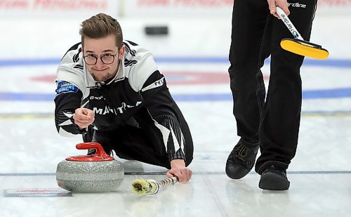 Team Manitoba's skip Jacques Gauthier throws a rock while facing team Newfoundland in the final during the Canadian Junior Curling Championships in Langley, BC, Sunday, January 26, 2020. (TREVOR HAGAN / WINNIPEG FREE PRESS)