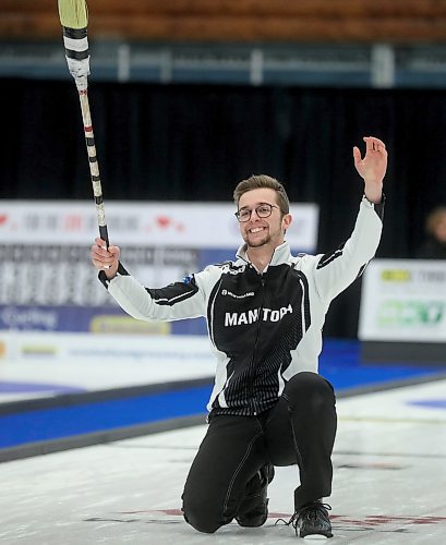 Team Manitoba's skip Jacques Gauthier celebrates his final shot as his rink defeated Newfoundland to win the Canadian Junior Curling Championships in Langley, BC, Sunday, January 26, 2020. (TREVOR HAGAN / WINNIPEG FREE PRESS)