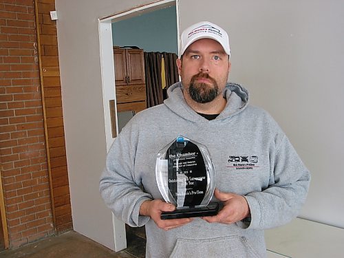 Canstar Community News Jan. 22, 2020 - Nick Hourie is shown holding the Portage la Prairie & District Chamber of Commerce's award for outstanding new entrepreneur that he won in late 2019, (ANDREA GEARY/CANSTAR COMMUNITY NEWS)