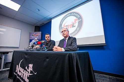 MIKAELA MACKENZIE / WINNIPEG FREE PRESS

Kim Davis, MJHL commissioner (right), announces that he will be stepping down from the role as Kevin Saurette, who will be the new commissioner, listens at Sport Manitoba in Winnipeg on Wednesday, Jan. 29, 2020. For Mike Sawatzky story.
Winnipeg Free Press 2019.