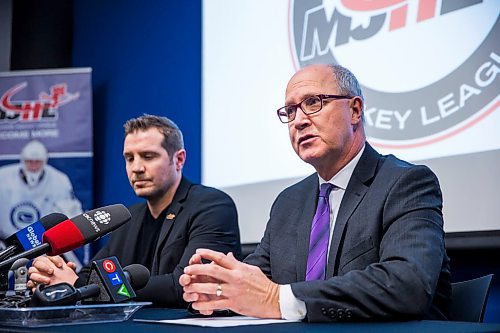 MIKAELA MACKENZIE / WINNIPEG FREE PRESS

Kim Davis, MJHL commissioner (right), announces that he will be stepping down from the role as Kevin Saurette, who will be the new commissioner, listens at Sport Manitoba in Winnipeg on Wednesday, Jan. 29, 2020. For Mike Sawatzky story.
Winnipeg Free Press 2019.