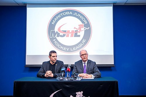 MIKAELA MACKENZIE / WINNIPEG FREE PRESS

Kim Davis, MJHL commissioner (right), announces that he will be stepping down from the role as Kevin Saurette, who will be the new commissioner, listens at Sport Manitoba in Winnipeg on Wednesday, Jan. 29, 2020. For Mike Sawatzky story.
Winnipeg Free Press 2019.