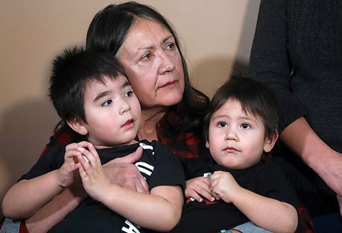 RUTH BONNEVILLE  /  WINNIPEG FREE PRESS 

LOCAL- Granny's House

Josie Hill, executive director, Blue Thunderbird Family Care Inc. gives her great-grandkids a hug, Jace Bilinski  (1yr left) and his older brother James (3yrs), at a press conference announcing the opening of Granny's House Wednesday.  

Provincial government (Families Minister Heather Stefanson) Invests in Grannys House to help keep families together.

Jan 29th,  2020