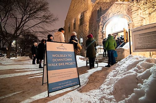 Mike Sudoma / Winnipeg Free Press
Wolseley/West Broadway residents form a line that trails  out the doors of the Westminster Church as they wait to get into an information session regarding the newly proposed Wolseley to Downtown Walk Bike Project Wednesday evening
January 29, 2020