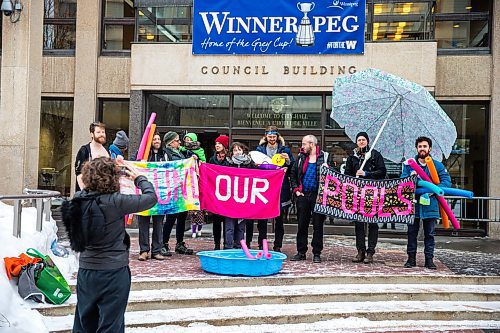 MIKAELA MACKENZIE / WINNIPEG FREE PRESS

Members of Budget for All Winnipeg pose for a photo outside of City Hall after holding a "pool party" in protest of proposed budget cuts to city pools and recreation facilities in Winnipeg on Thursday, Jan. 30, 2020. For Danielle Da Silva story.
Winnipeg Free Press 2019.