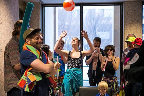 MIKAELA MACKENZIE / WINNIPEG FREE PRESS

Nicole Jowett, Budget for All Winnipeg member, passes a beach ball around at a "pool party" in the lobby of City Hall in protest of proposed budget cuts to city pools and recreation facilities in Winnipeg on Thursday, Jan. 30, 2020. For Danielle Da Silva story.
Winnipeg Free Press 2019.