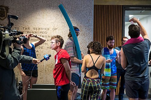 MIKAELA MACKENZIE / WINNIPEG FREE PRESS

Wendy Boyd, Budget for All Winnipeg member, speaks to media at a "pool party" in the lobby of City Hall in protest of proposed budget cuts to city pools and recreation facilities in Winnipeg on Thursday, Jan. 30, 2020. For Danielle Da Silva story.
Winnipeg Free Press 2019.