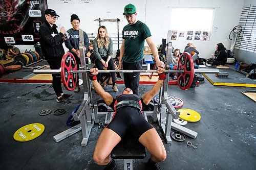 Daniel Crump / Winnipeg Free Press. Aaron Layacan warms up for the bench press portion of the Manitoba Powerlifting Association's largest¤annual meet. This years event features 64 athletes of all ages and genders competing over a full day at the¤Brickhouse Gym on Kind Edward Street. February 1, 2020.