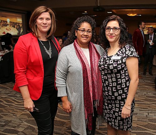 JASON HALSTEAD / WINNIPEG FREE PRESS

L-R: Suzanne St. Onge (Canadian Heritage), Natasha Mohammed (Canadian Heritage) and Maysoun Darueesh (Mennonite Central Committee) at the annual Stronger Together Dinner organized by the Ethnocultural Council of Manitoba  Stronger Together at Canad Inns Polo Park on Dec. 11, 2019. (See Social Page)