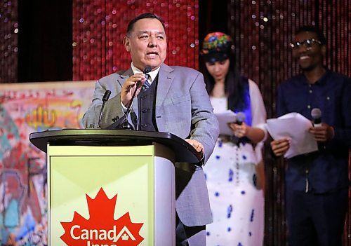 JASON HALSTEAD / WINNIPEG FREE PRESS

Clayton Sandy offers the Elder prayer at the annual Stronger Together Dinner organized by the Ethnocultural Council of Manitoba  Stronger Together at Canad Inns Polo Park on Dec. 11, 2019. (See Social Page)