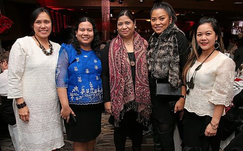 JASON HALSTEAD / WINNIPEG FREE PRESS

L-R: Malou Josue, Roselyn Advincula, Leila Castro, Emmy Bacani-Tipan and Aireen Miaral at the annual Stronger Together Dinner organized by the Ethnocultural Council of Manitoba  Stronger Together at Canad Inns Polo Park on Dec. 11, 2019. (See Social Page)