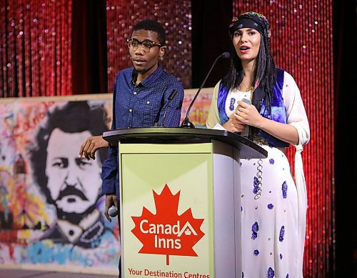 JASON HALSTEAD / WINNIPEG FREE PRESS

Event emcees Magi Hadad (right) and Dalili Lokwa at the annual Stronger Together Dinner organized by the Ethnocultural Council of Manitoba  Stronger Together at Canad Inns Polo Park on Dec. 11, 2019. (See Social Page)