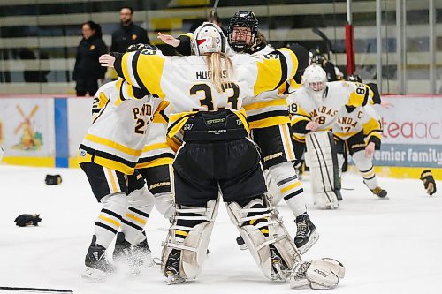 JOHN WOODS / WINNIPEG FREE PRESS
Edmonton Pandas celebrate their victory over the St Marys Academy Flames in the final of the Female World Sport School Challenge in Winnipeg Sunday, February 2, 2020. 

Reporter: Allen