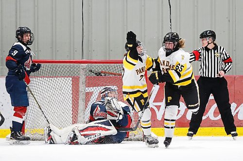 JOHN WOODS / WINNIPEG FREE PRESS
Edmonton Pandas Emerson Jarvis (77) and Sage Taylor (65) celebrate Taylors goal against the St Marys Academy Flames goaltender Meagan Relf (30) in the final of the Female World Sport School Challenge in Winnipeg Sunday, February 2, 2020. 

Reporter: Allen