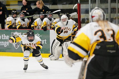 JOHN WOODS / WINNIPEG FREE PRESS
Edmonton Pandas Emma Hebert (21) and her teammates celebrate their victory over the St Marys Academy Flames in the final of the Female World Sport School Challenge in Winnipeg Sunday, February 2, 2020. 

Reporter: Allen