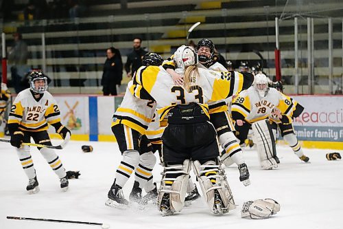 JOHN WOODS / WINNIPEG FREE PRESS
Edmonton Pandas celebrate their victory over the St Marys Academy Flames in the final of the Female World Sport School Challenge in Winnipeg Sunday, February 2, 2020. 

Reporter: Allen