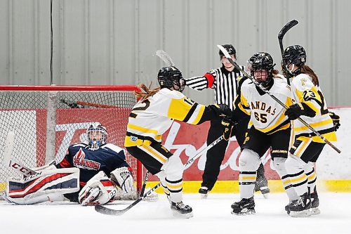 JOHN WOODS / WINNIPEG FREE PRESS
Edmonton Pandas Emerson Alex Black (12), Sage Taylor (65) and Raine Murdoch (23) celebrate Taylors goal against the St Marys Academy Flames goaltender Meagan Relf (30) in the final of the Female World Sport School Challenge in Winnipeg Sunday, February 2, 2020. 

Reporter: Allen