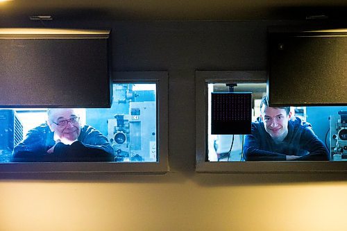 MIKAELA MACKENZIE / WINNIPEG FREE PRESS

Winnipeg Film Group executive director Greg Klymkiw (left) and technical manager Dylan Baillie pose for a photo in the projection room of the Cinematheque theatre in Winnipeg on Tuesday, Feb. 4, 2020. For Declan Schroeder story.
Winnipeg Free Press 2019.