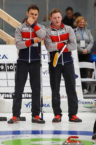 MIKE DEAL / WINNIPEG FREE PRESS
Skip Braden Calvert (right) and third, Kyle Kurz, during their match against Team Gitzel at Eric Coy Arena Wednesday afternoon on day one of the 2020 Viterra Curling Championship.
200205 - Wednesday, February 05, 2020.