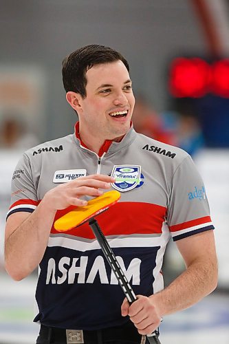 MIKE DEAL / WINNIPEG FREE PRESS
Second Ian McMillan, with Team Calvert, laughs during the match against Team Gitzel at Eric Coy Arena Wednesday afternoon on day one of the 2020 Viterra Curling Championship.
200205 - Wednesday, February 05, 2020.