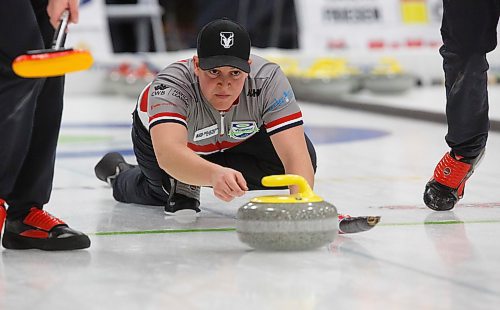 MIKE DEAL / WINNIPEG FREE PRESS
Lead Rob Gordon, with Team Calvert, throws a rock during their match against Team Gitzel at Eric Coy Arena Wednesday afternoon on day one of the 2020 Viterra Curling Championship.
200205 - Wednesday, February 05, 2020.