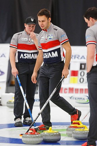 MIKE DEAL / WINNIPEG FREE PRESS
Third, Kyle Kurz, discusses the next shot with the rest of Team Calvert during their match against Team Gitzel at Eric Coy Arena Wednesday afternoon on day one of the 2020 Viterra Curling Championship.
200205 - Wednesday, February 05, 2020.