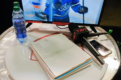 Mike Sudoma / Winnipeg Free Press
The desk in which Sara watches the game and makes notes at while shes on and off the air
February 4, 2020