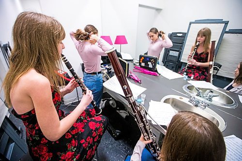 MIKAELA MACKENZIE / WINNIPEG FREE PRESS
Pianist Abby Waytowich, 17 (left), clarinetist Kara Heckford, 16, and bassoonist Adrienne Andres, 15, (all members of the Youth Symphony Orchestra) get ready backstage before a concert at the Carol Shields Auditorium in the Millennium Library in Winnipeg on Thursday, Feb. 6, 2020. The Winnipeg Youth Orchestras are the oldest youth orchestra in Canada, and is open to students between the ages of 8 and 21. Standup.
Winnipeg Free Press 2019.